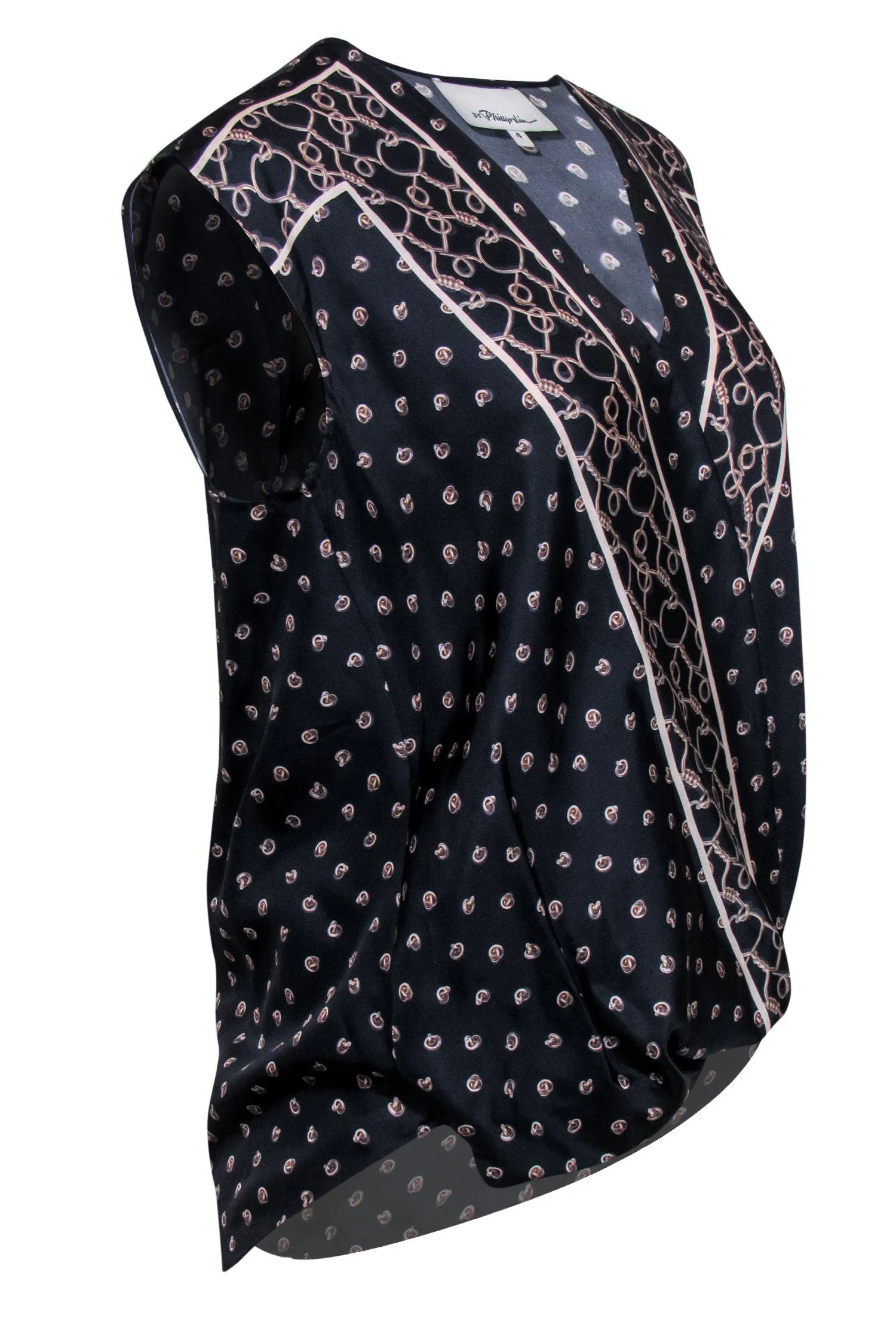 3.1 Phillip Lim - Navy Silk Crossover Tank w/ Chainlink Print Sz 4