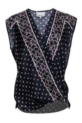 3.1 Phillip Lim - Navy Silk Crossover Tank w/ Chainlink Print Sz 4