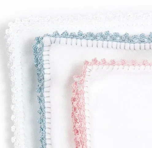 Baby Blanket in Pima Cotton Jersey Trimmed in Pink, White or Blue