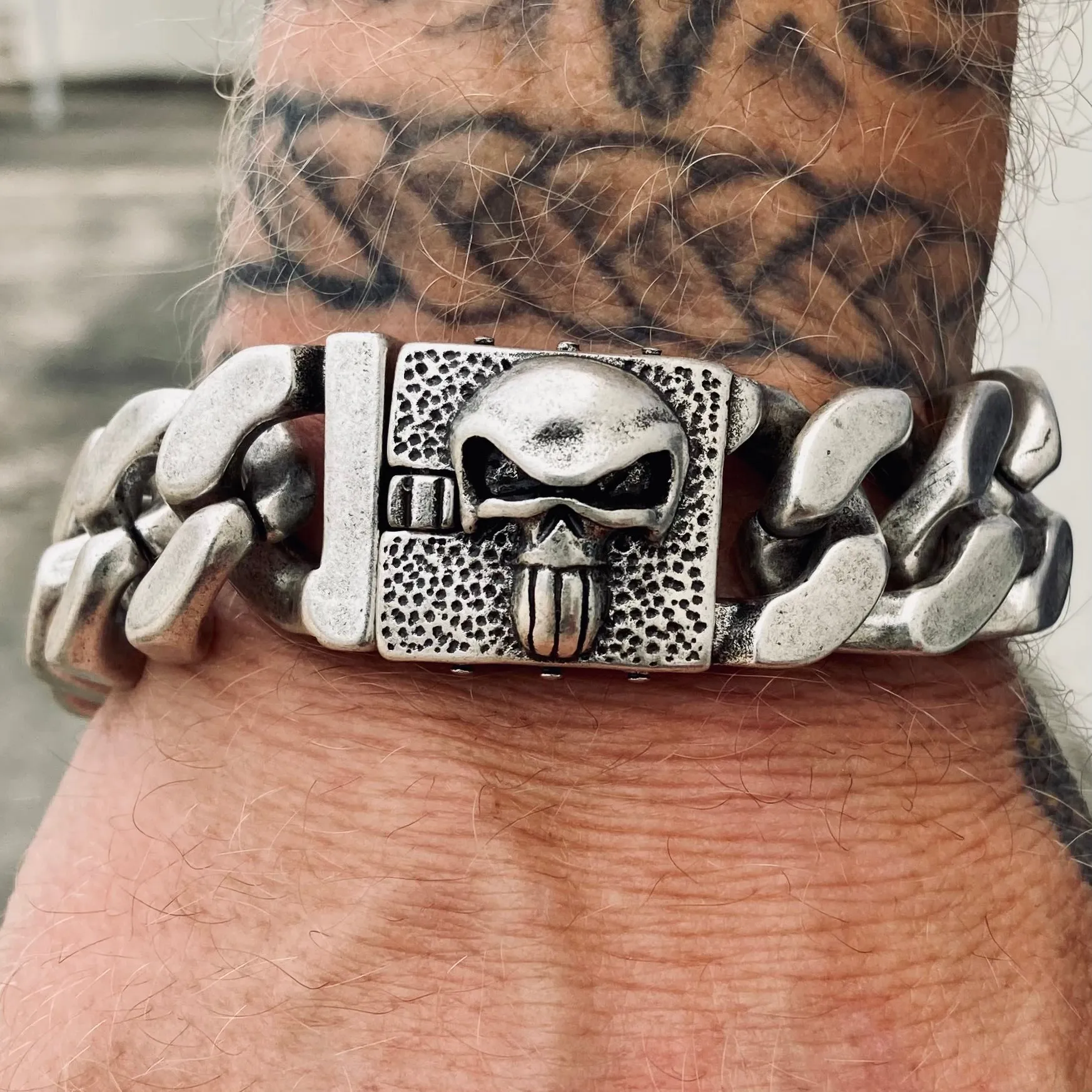 Bagger Bracelet - "EASY BIKER" - Skull Brushed - 3/4" wide - B130