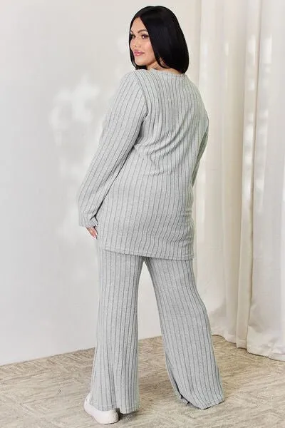 Basic Bae Full Size Ribbed High-Low Top and Wide Leg Pants Set