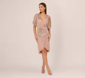 Rose Gold Beaded Faux Wrap Dress with Elegant Dolman Sleeves