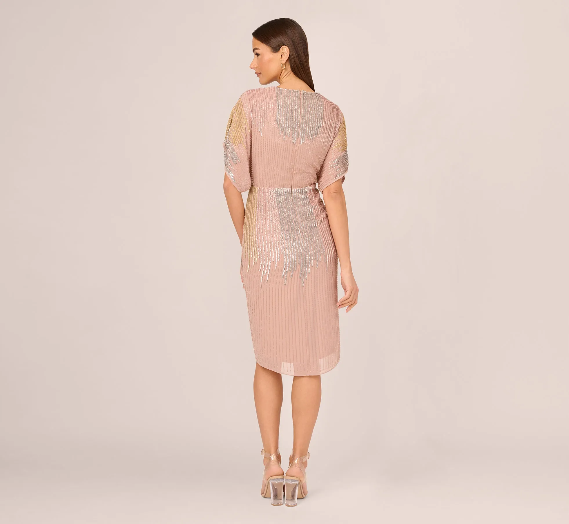 Rose Gold Beaded Faux Wrap Dress with Elegant Dolman Sleeves
