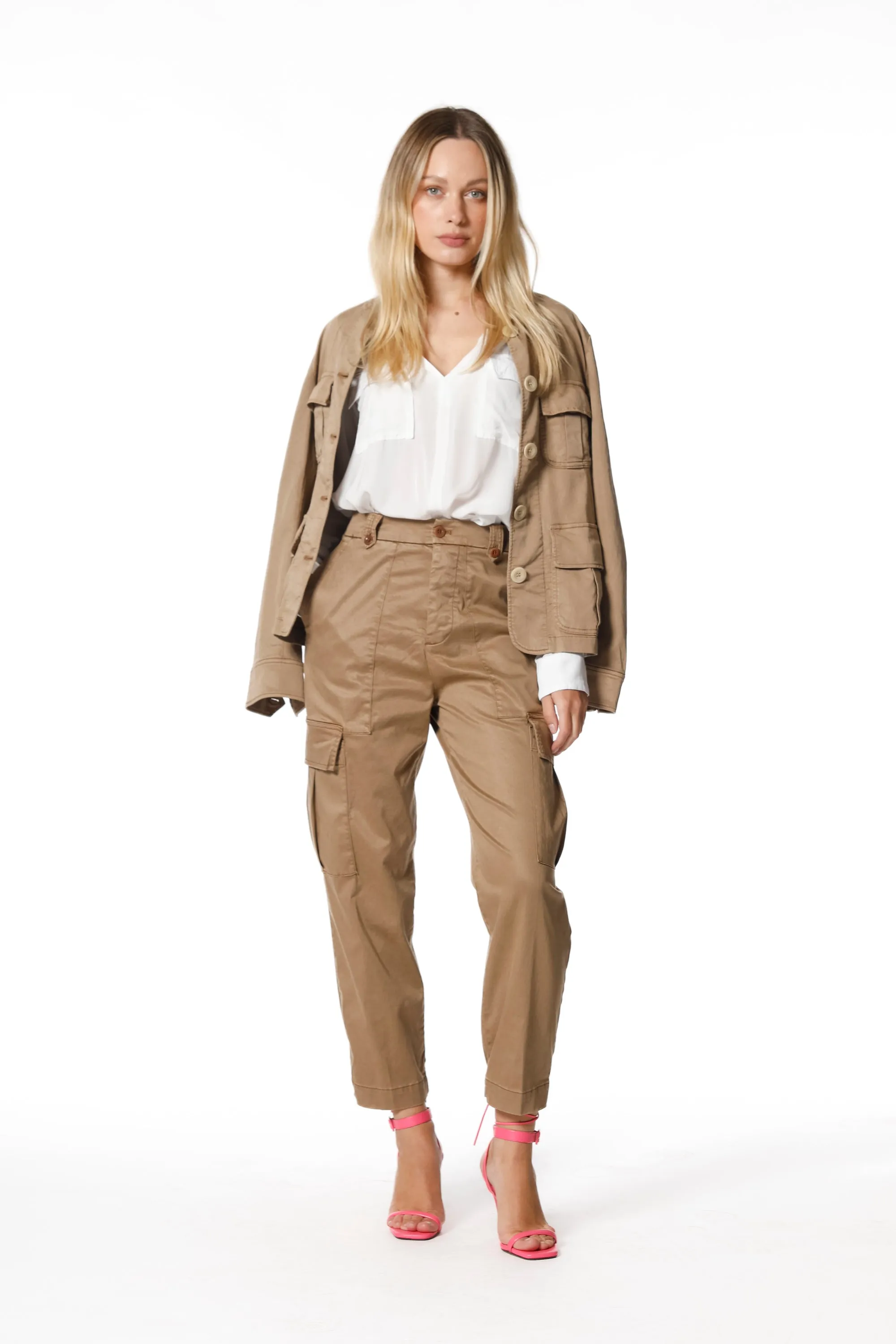 Birkin pantalone cargo donna in raso stretch con borchie curvy