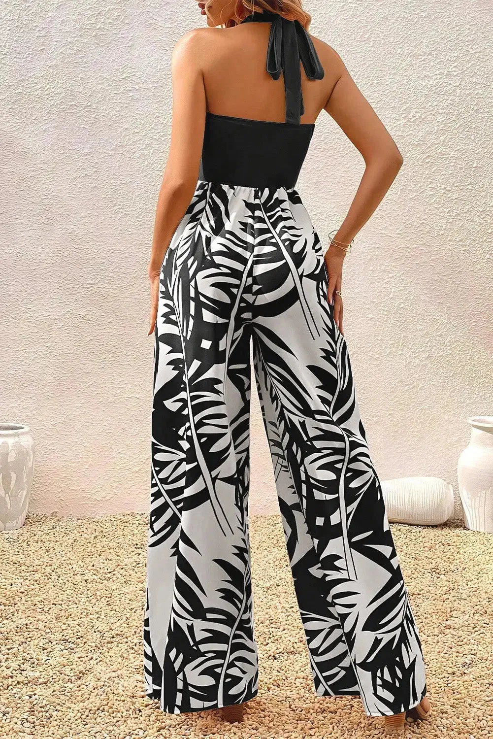 Black Halter Tropical Wide Leg Jumpsuit