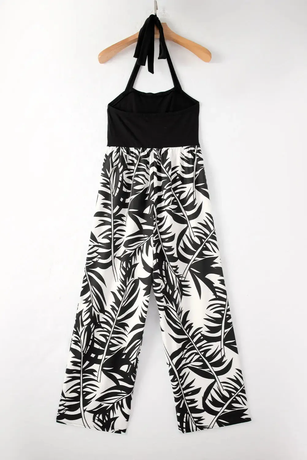 Black Halter Tropical Wide Leg Jumpsuit
