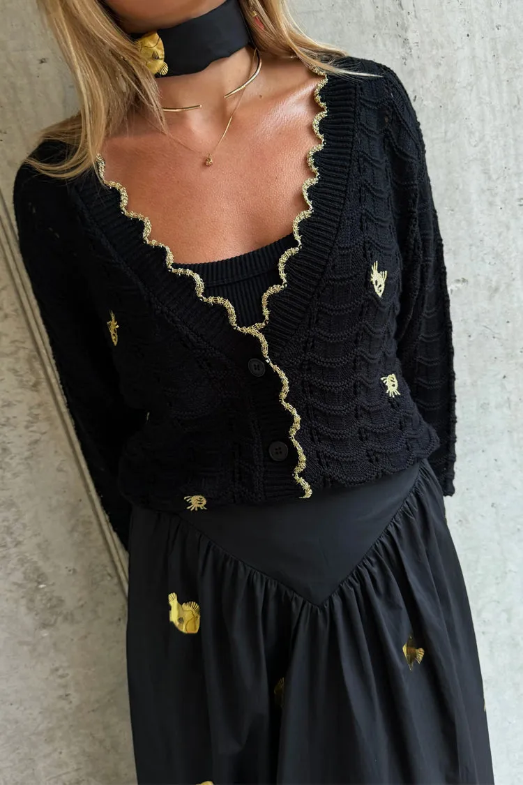 Black Pointelle Knit Cardigan With Gold Fish