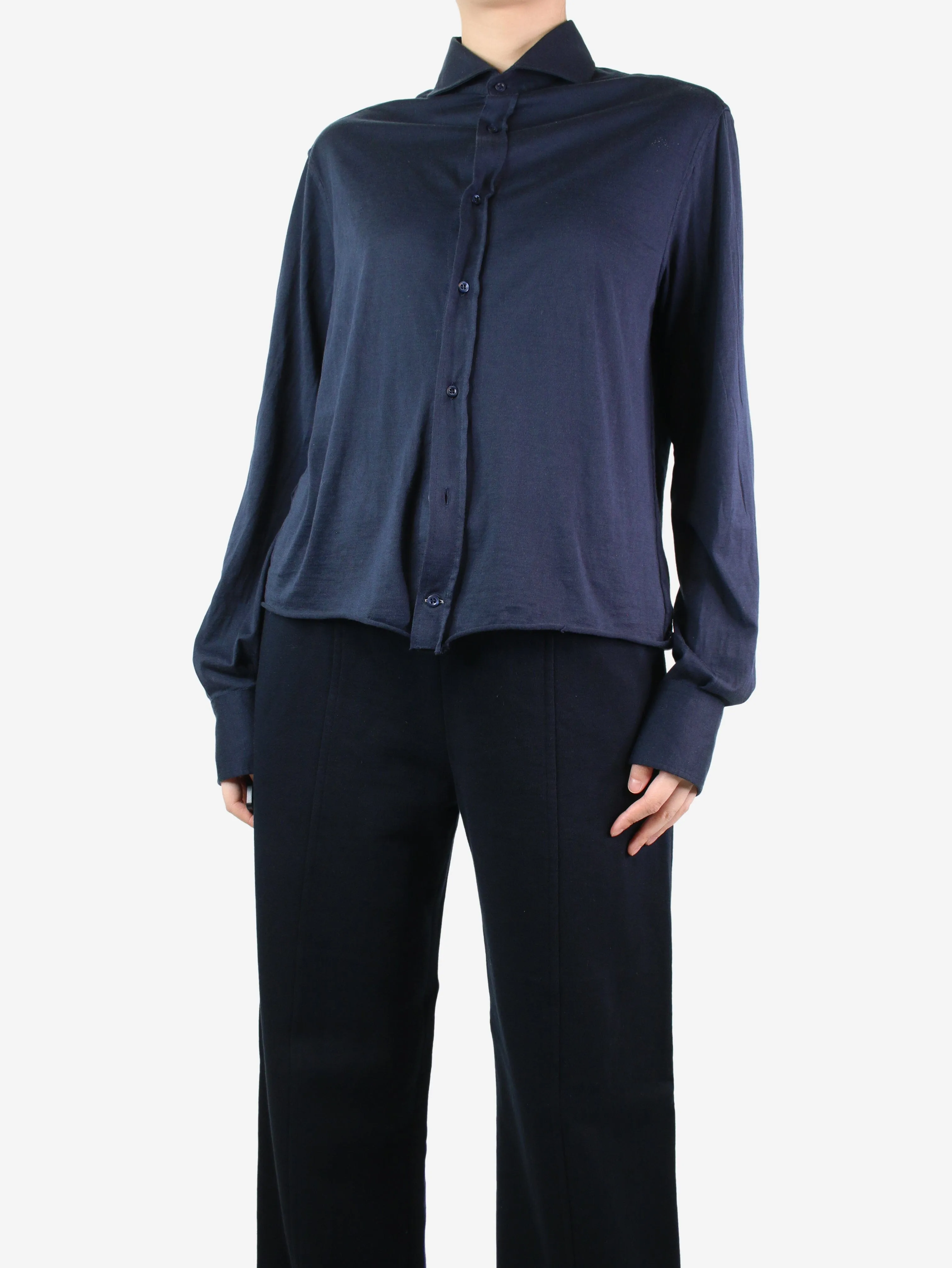 Blue button-up silk-blend shirt - size UK 16