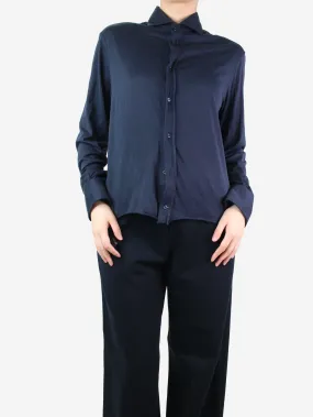 Blue button-up silk-blend shirt - size UK 16