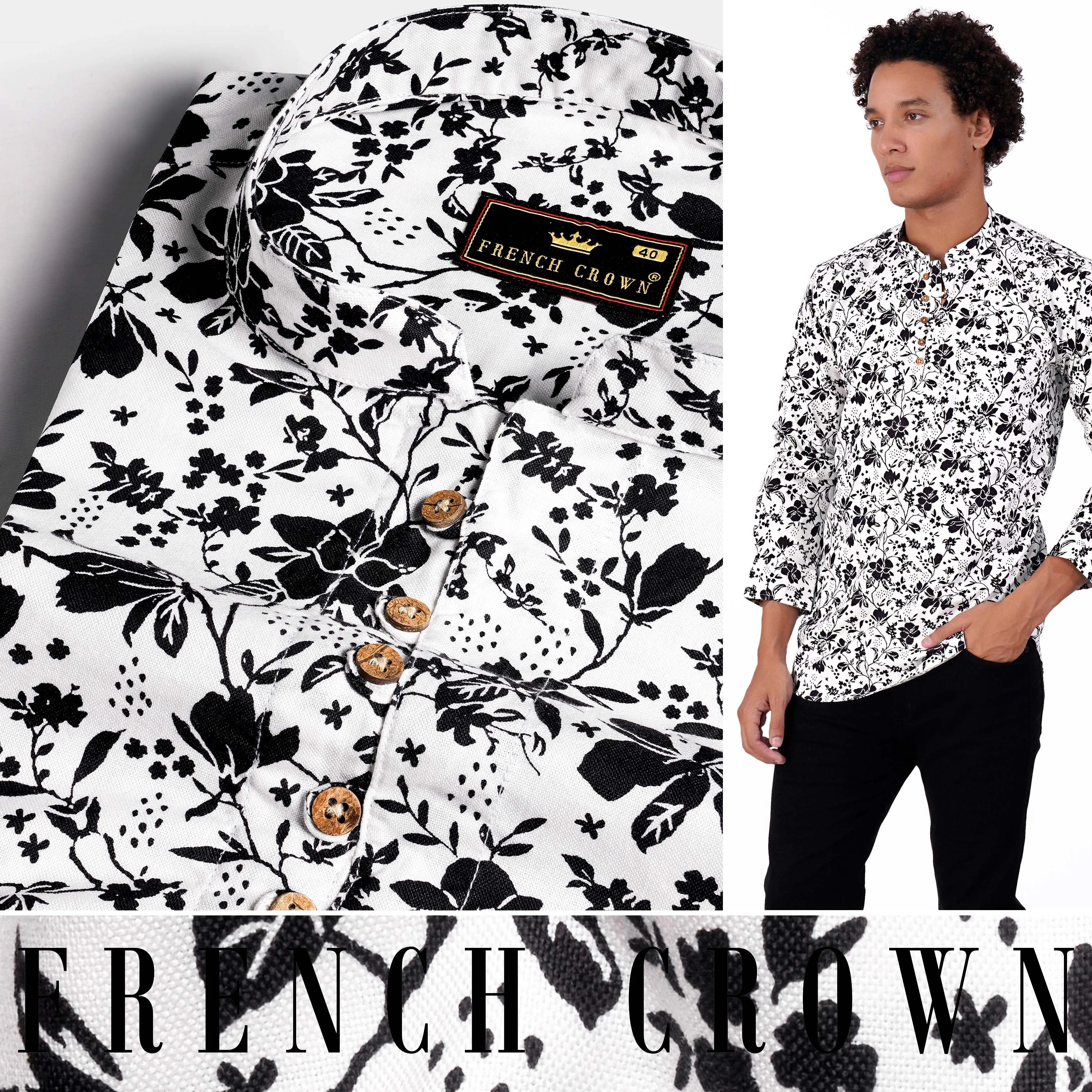 Bright White and Black Ditsy Printed Royal Oxford Kurta Shirt
