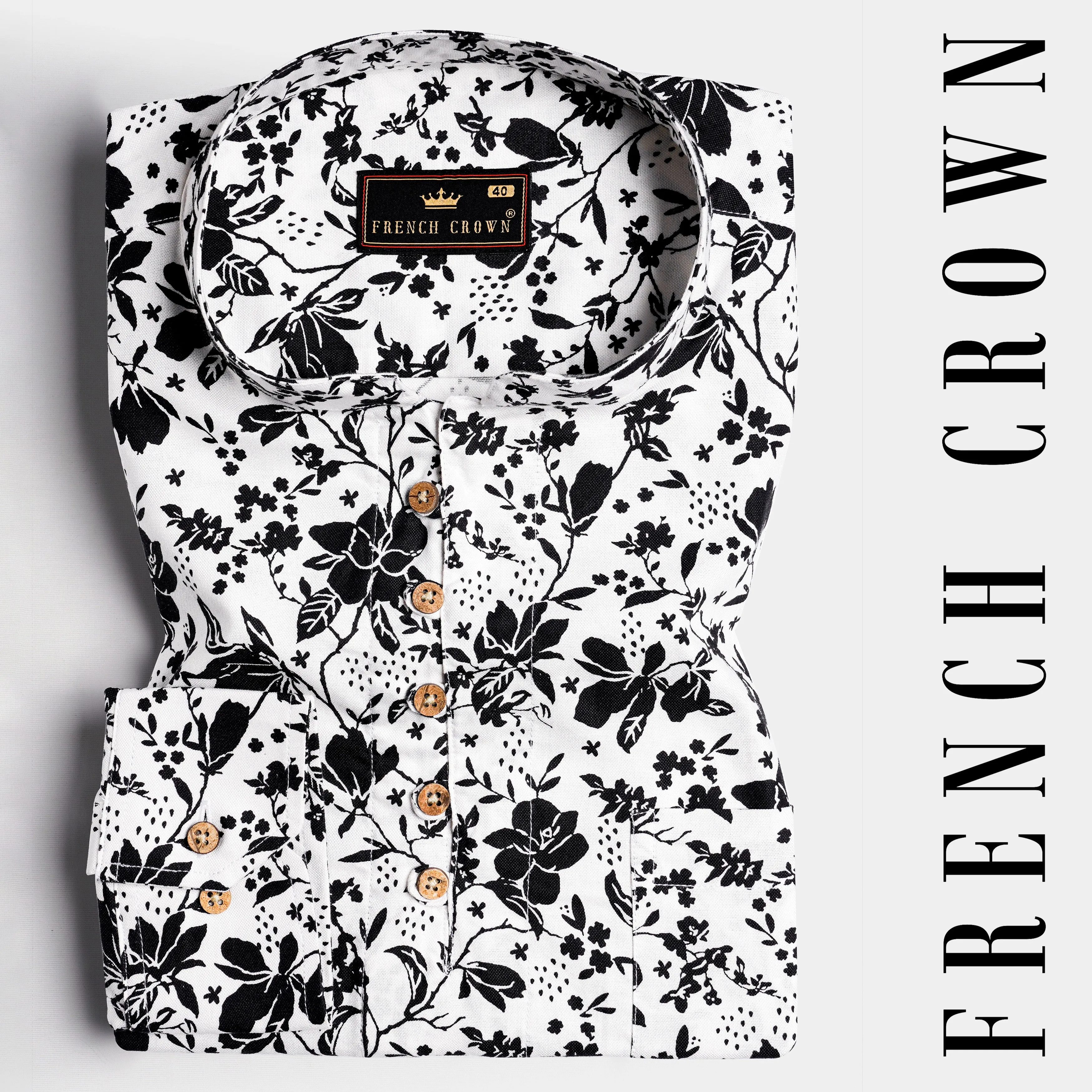 Bright White and Black Ditsy Printed Royal Oxford Kurta Shirt