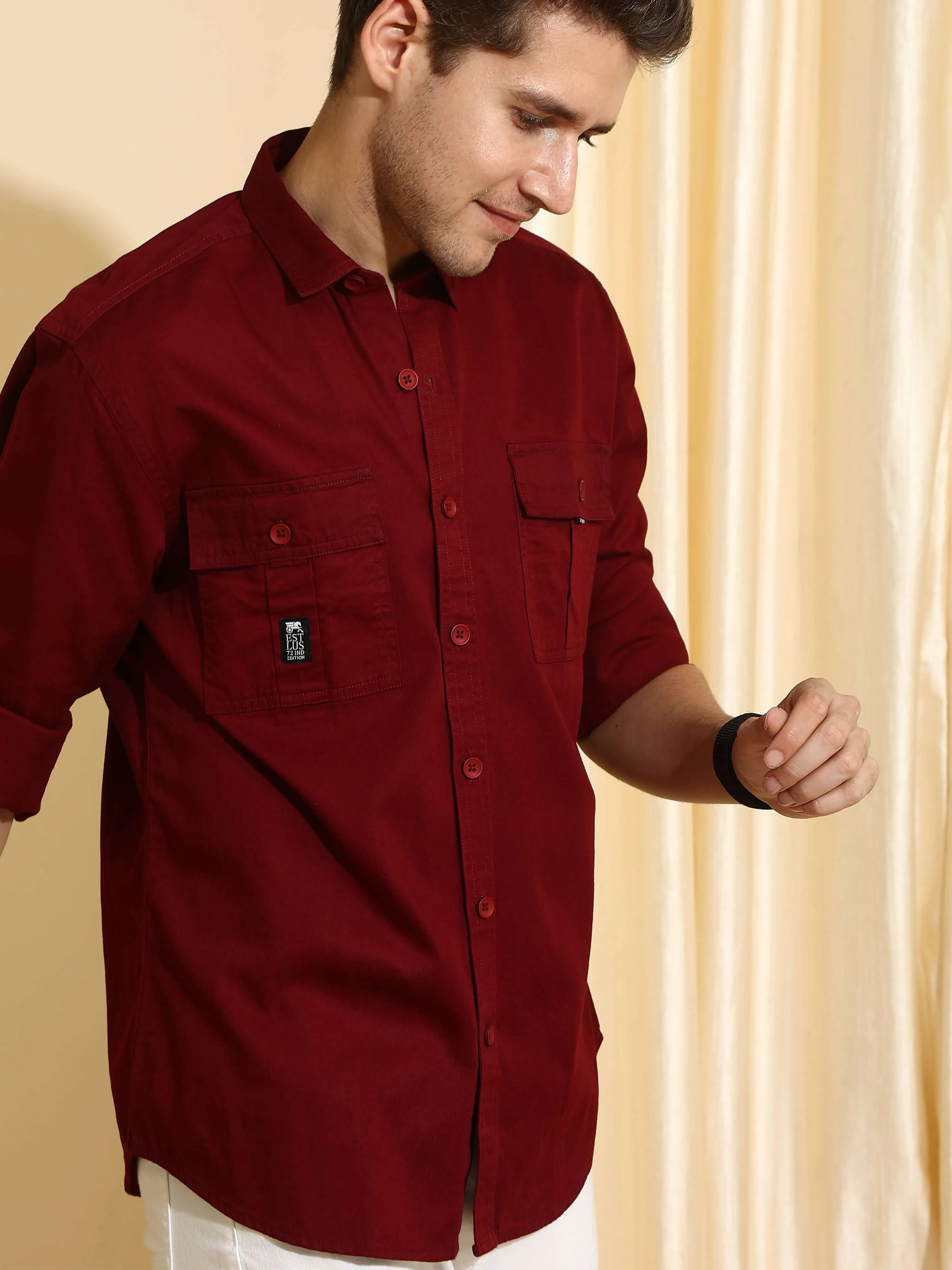 Burgundy maroon Cargo casual full sleeve shirt
