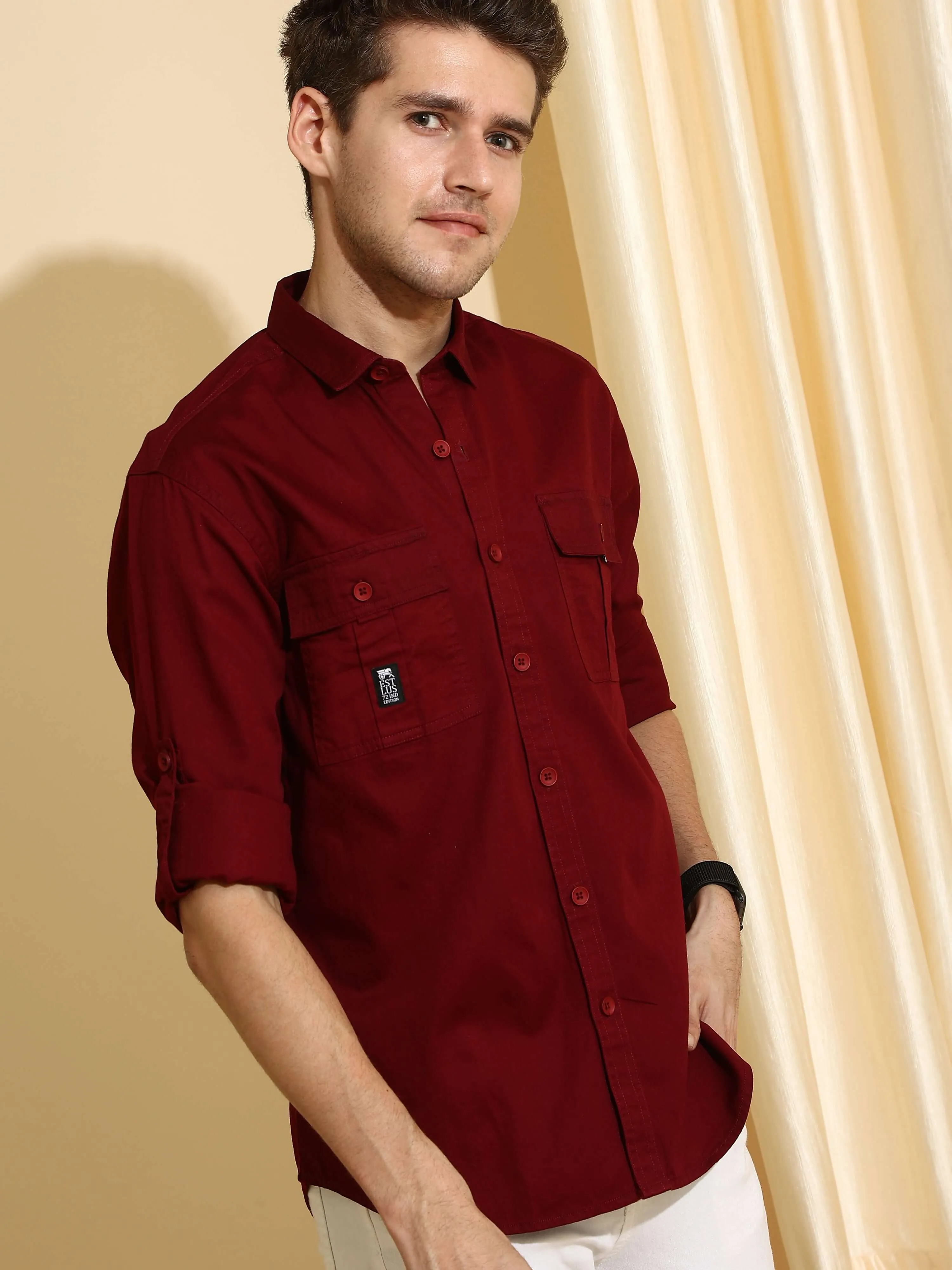 Burgundy maroon Cargo casual full sleeve shirt