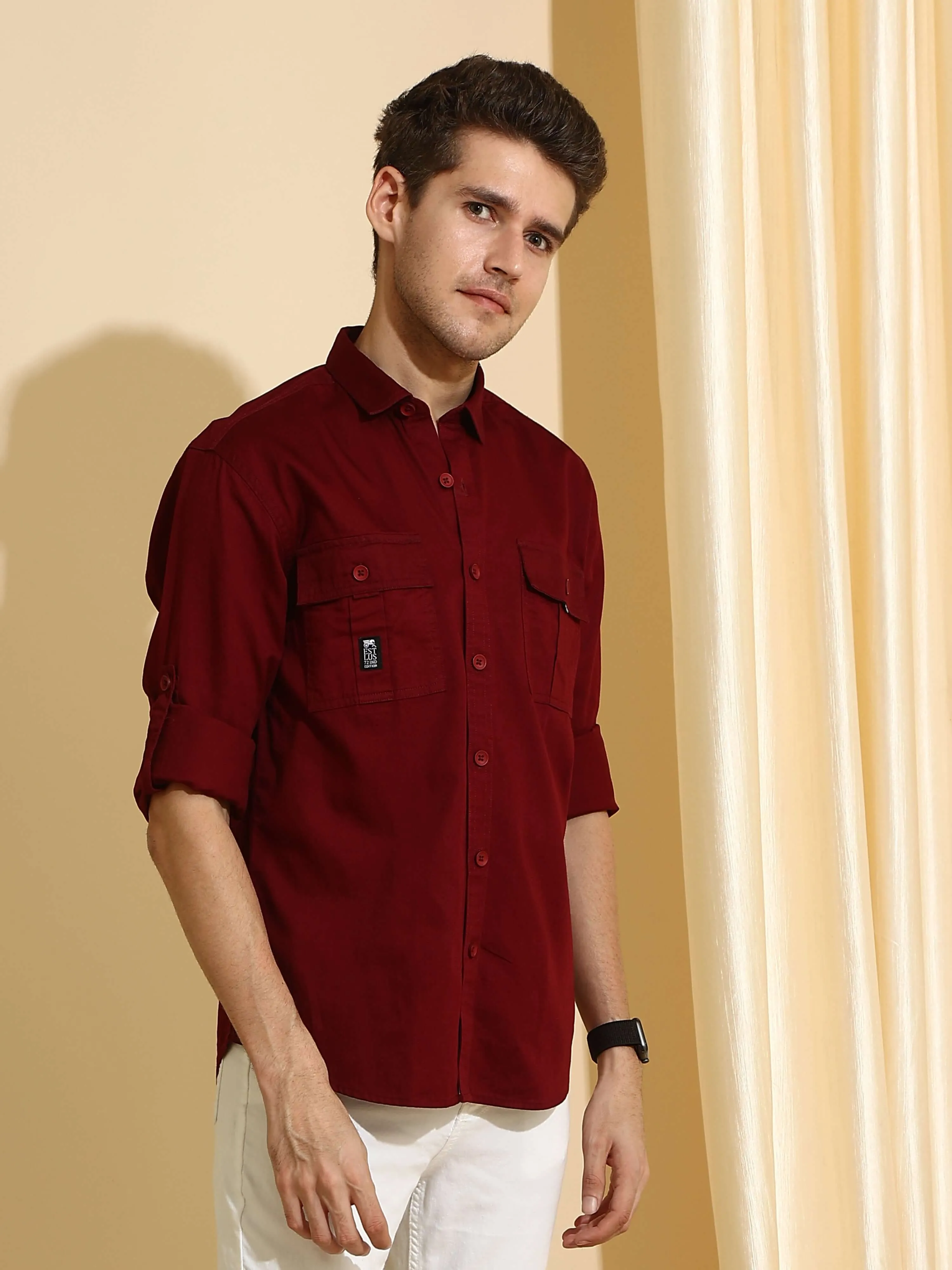 Burgundy maroon Cargo casual full sleeve shirt