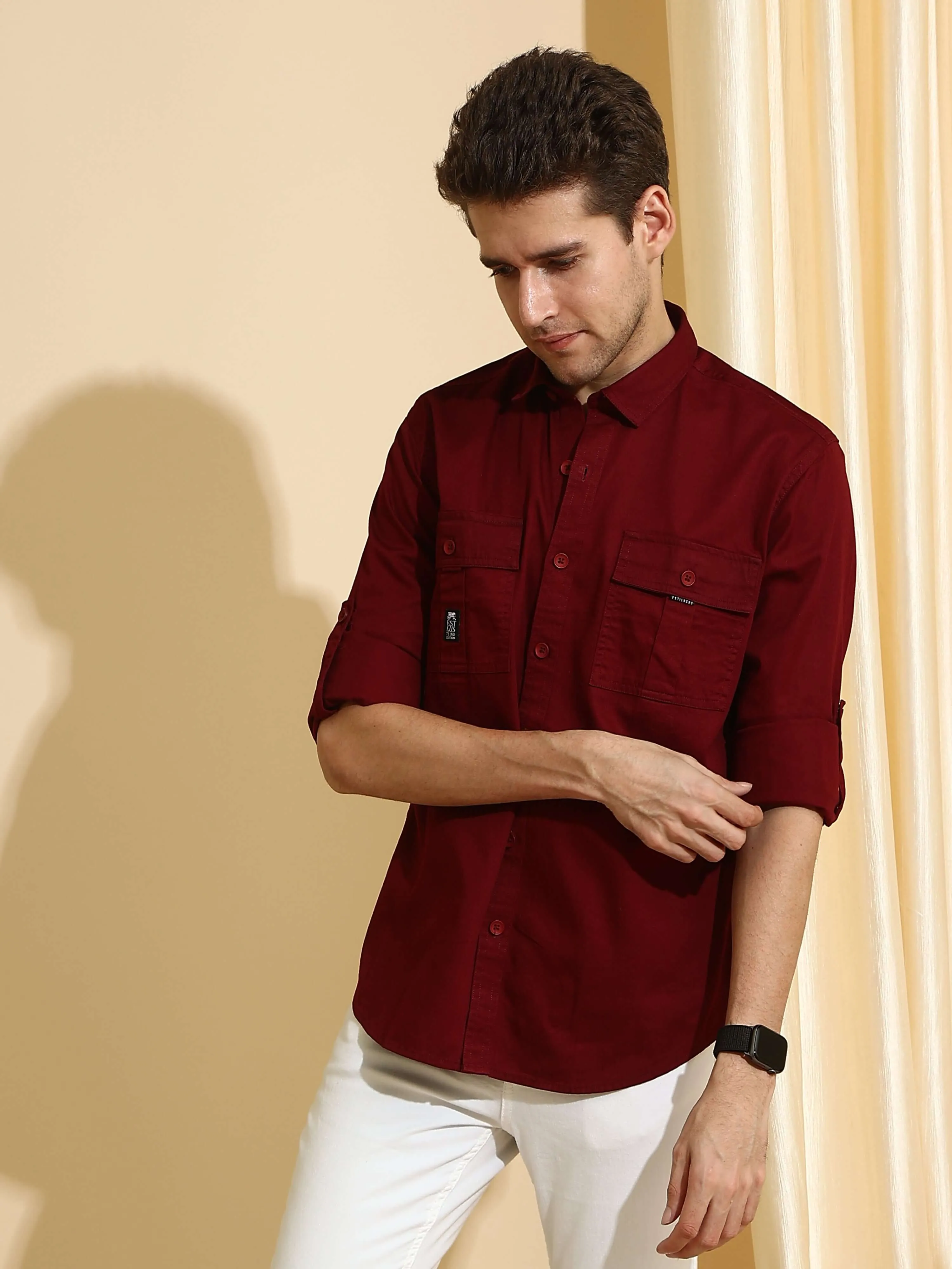 Burgundy maroon Cargo casual full sleeve shirt