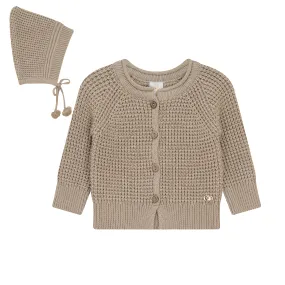 cardigan waffle knit with bonnet - stone