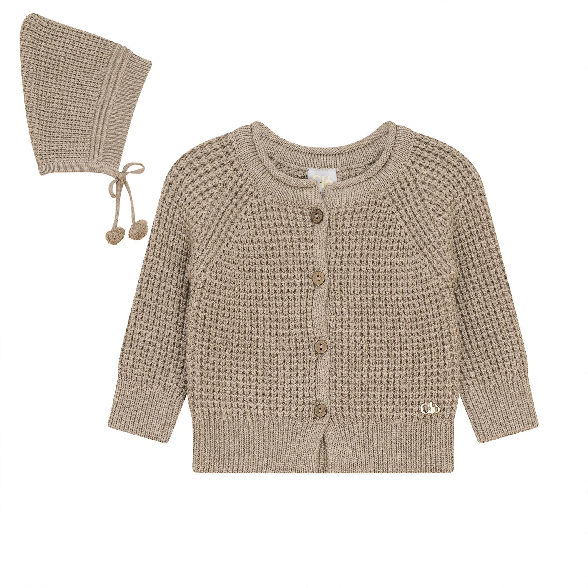 cardigan waffle knit with bonnet - stone