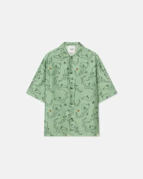 Caspian - Draped Twill Silk Shirt - Green-Aquarelle Dragon Print