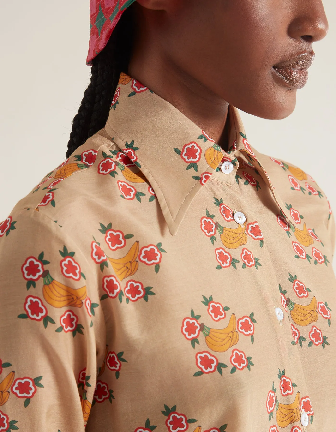 Cher Caramel Banana Print Silk Twill Shirt