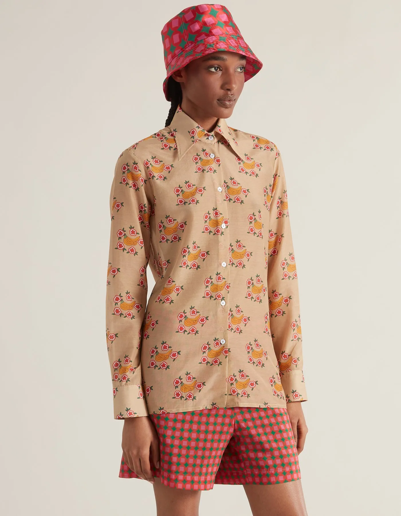 Cher Caramel Banana Print Silk Twill Shirt