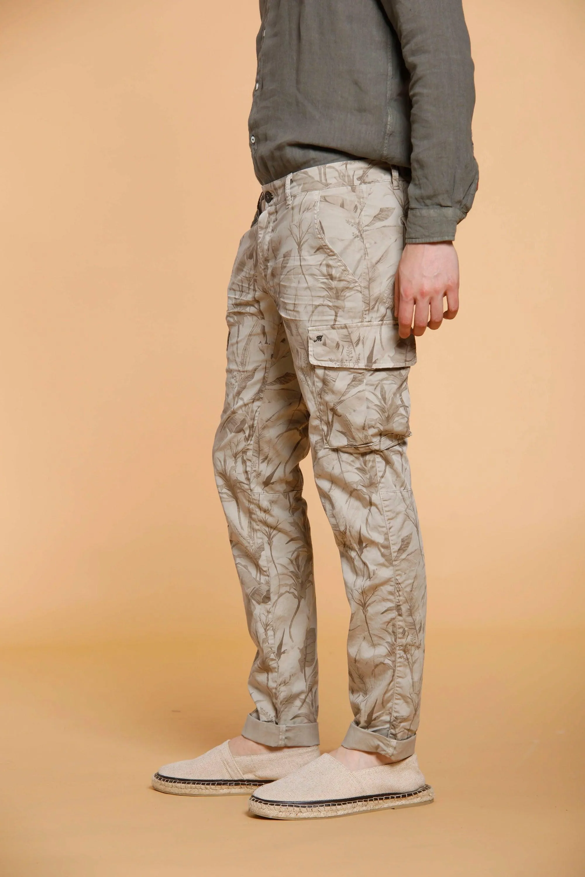 Chile pantalone cargo uomo in twill di cotone stampa foglie extra slim