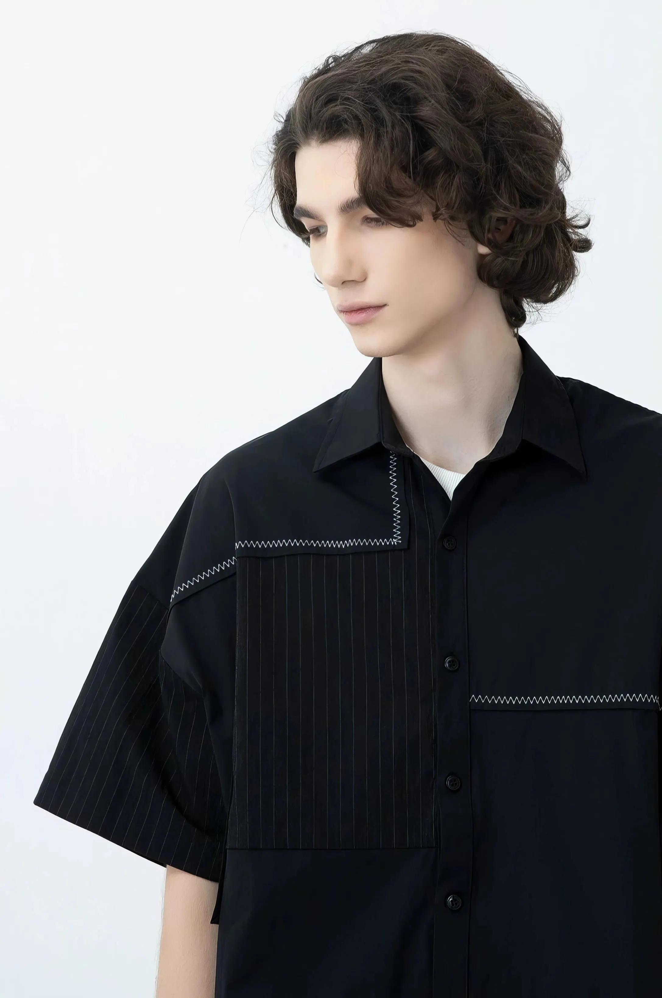 Contrast Stitching Striped Oversized Shirt