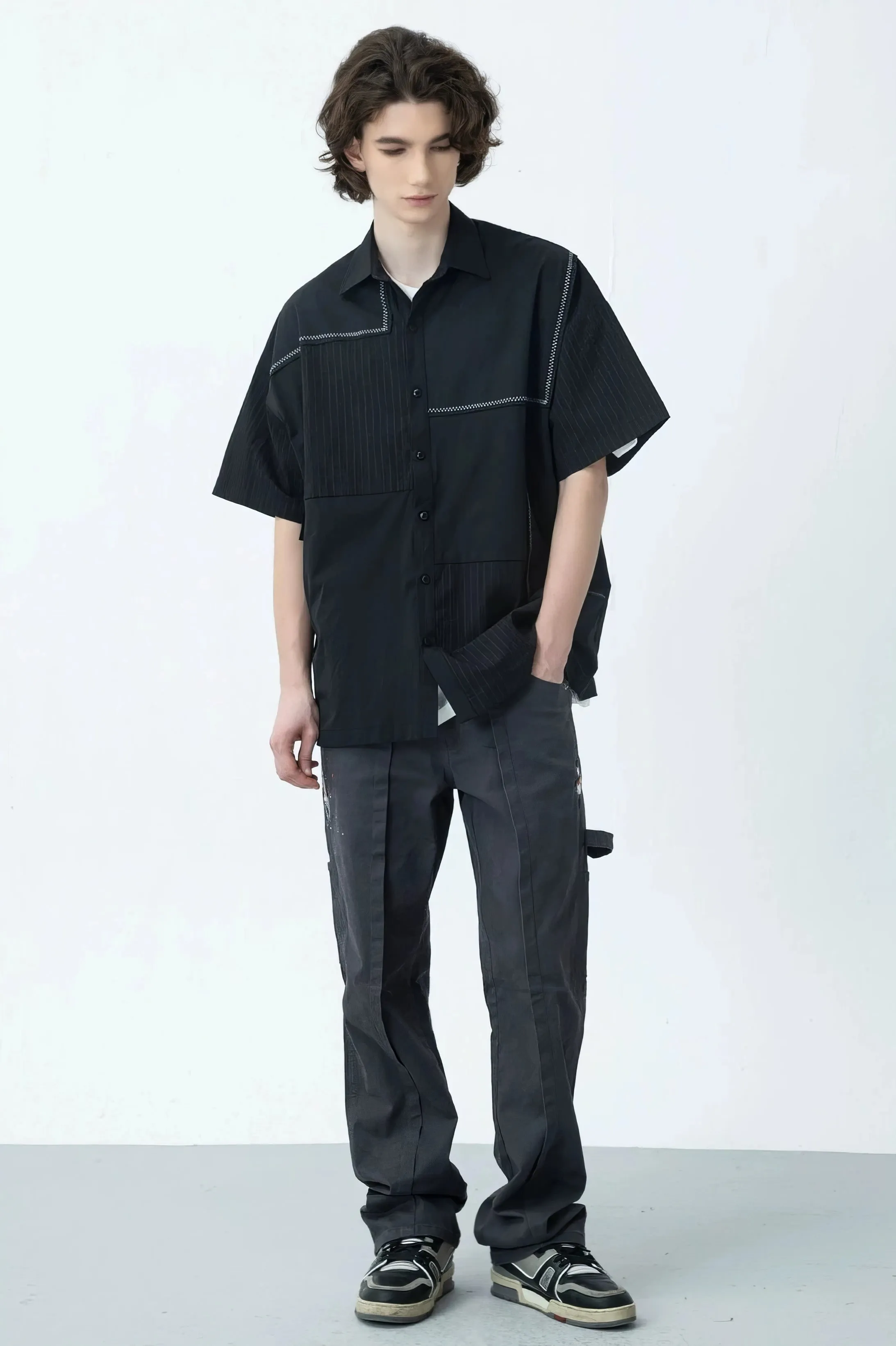 Contrast Stitching Striped Oversized Shirt