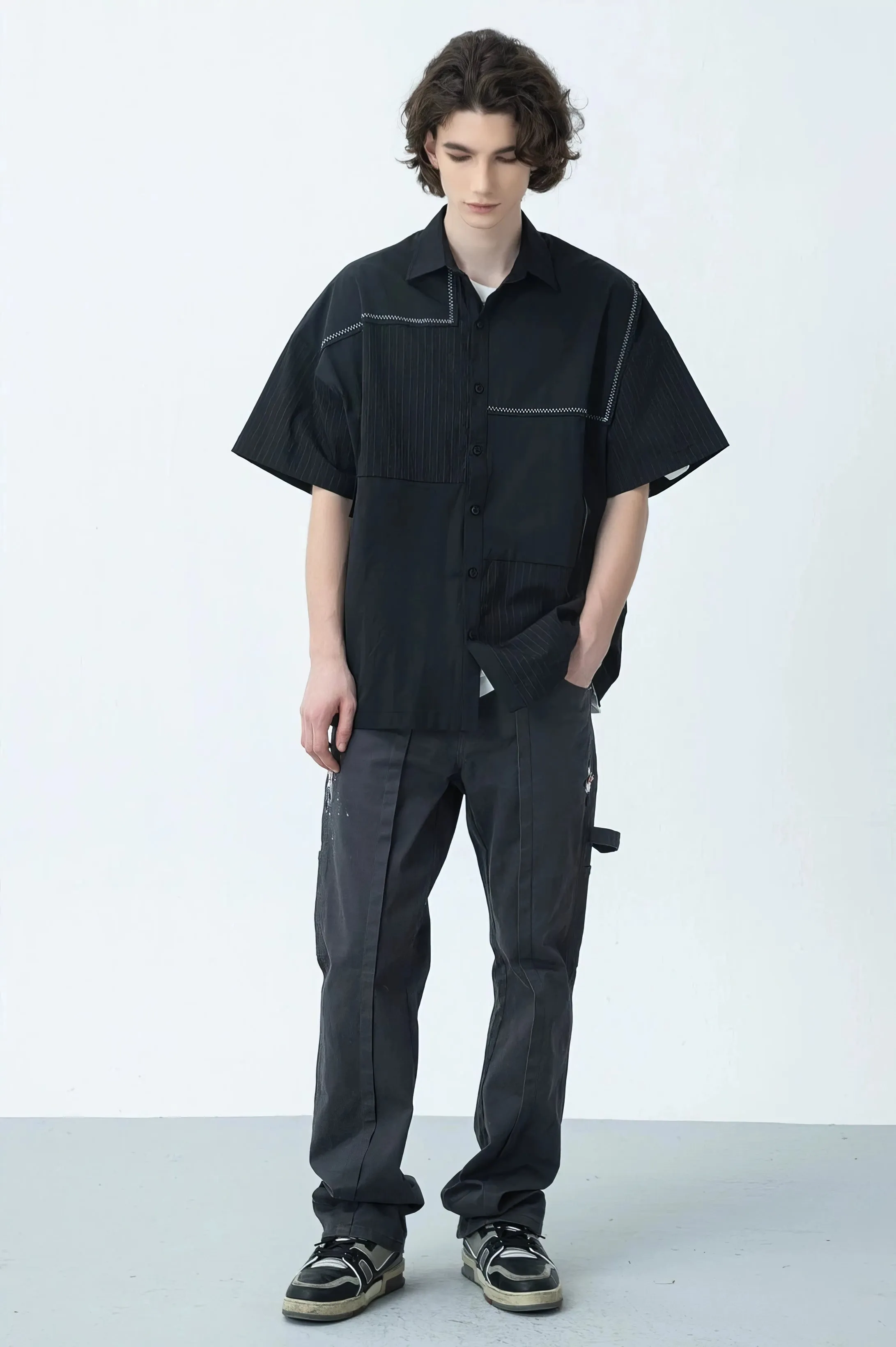 Contrast Stitching Striped Oversized Shirt