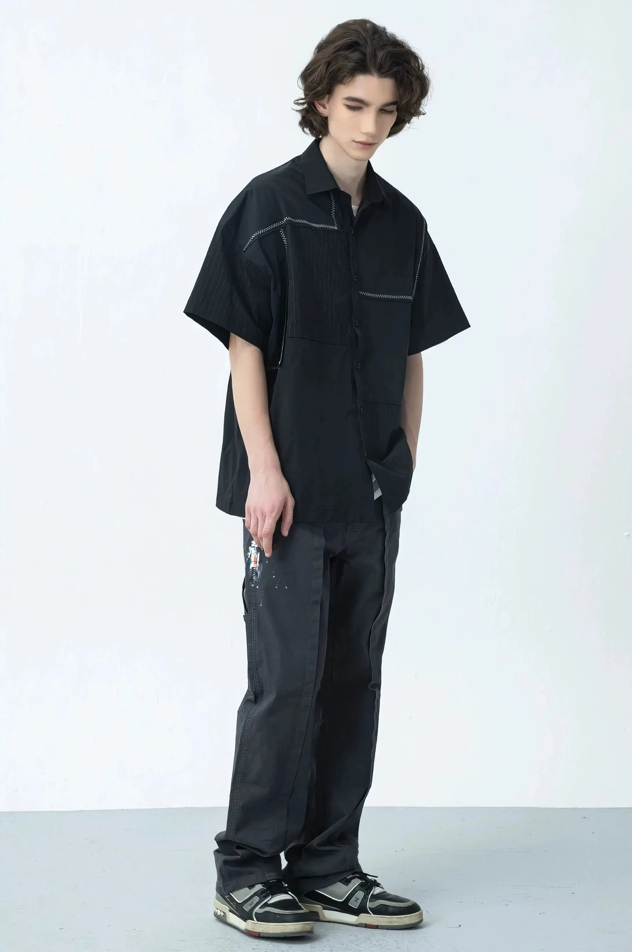 Contrast Stitching Striped Oversized Shirt