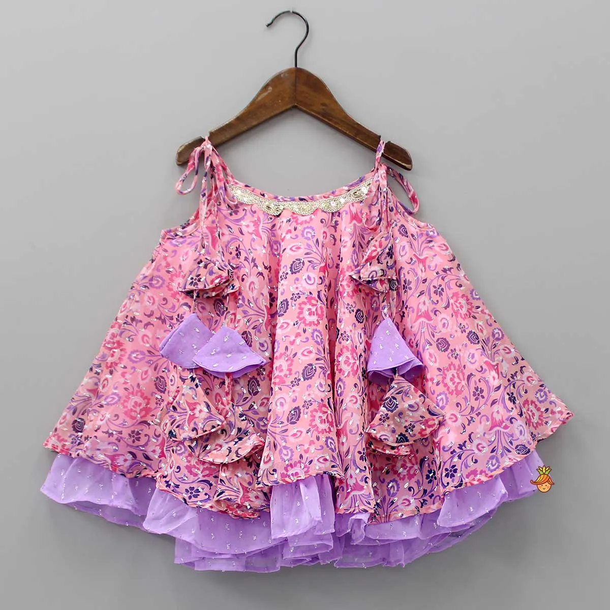 Contrasting Frills Enhanced Pink Kurti And Palazzo