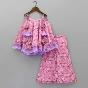 Contrasting Frills Enhanced Pink Kurti And Palazzo