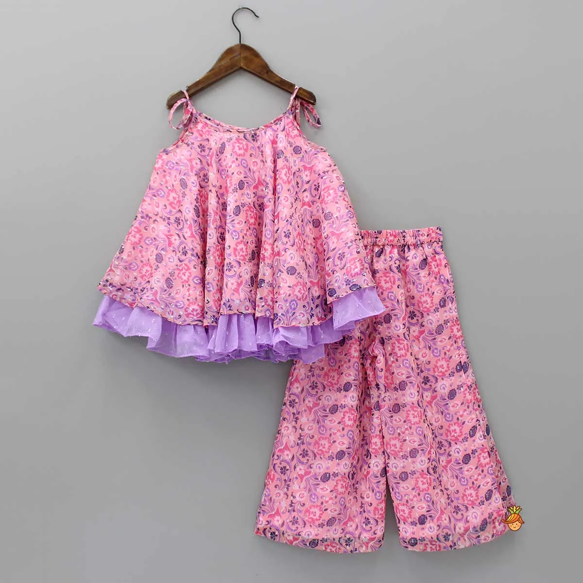 Contrasting Frills Enhanced Pink Kurti And Palazzo