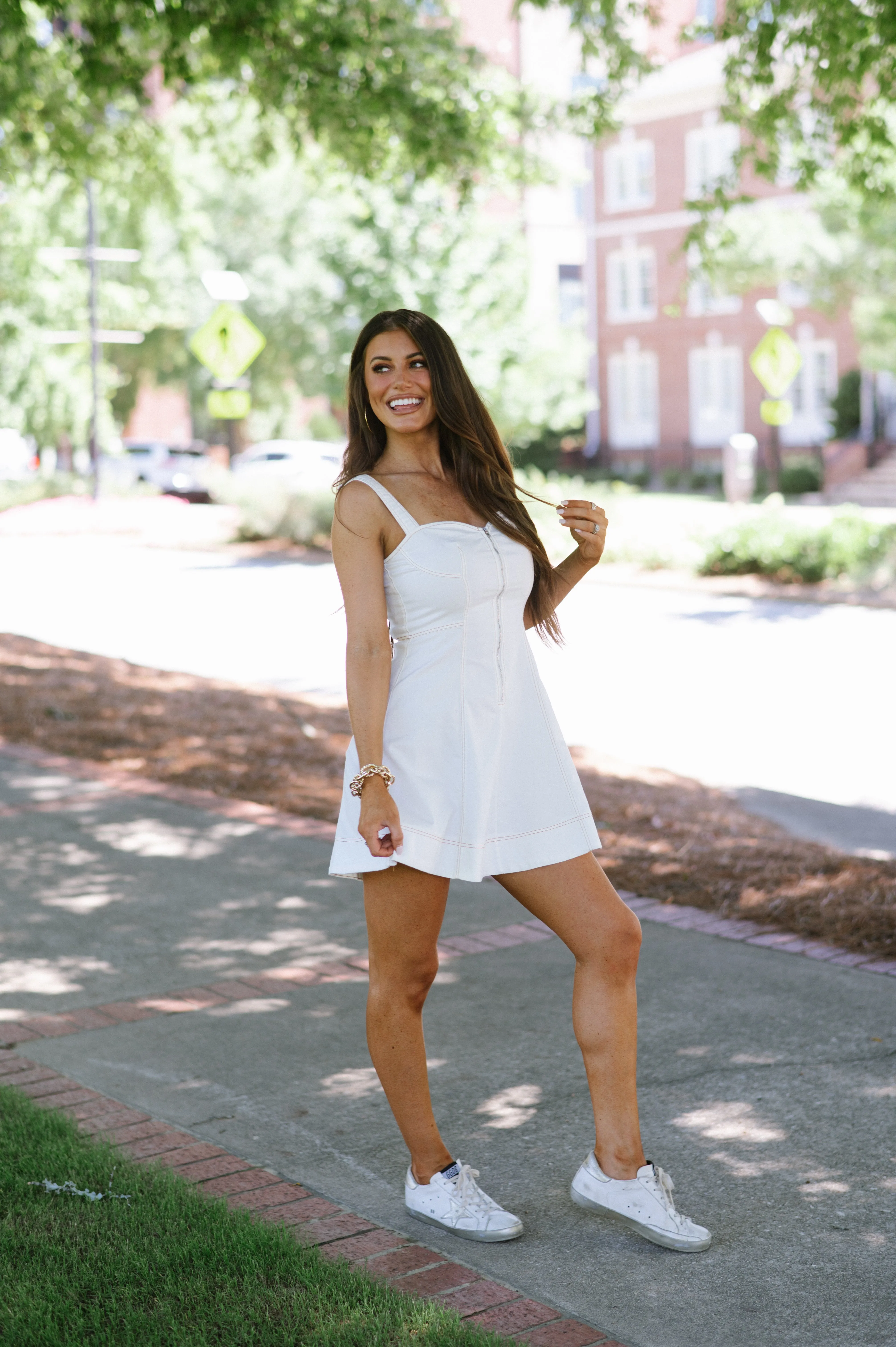 Denim Stitch Dress-White