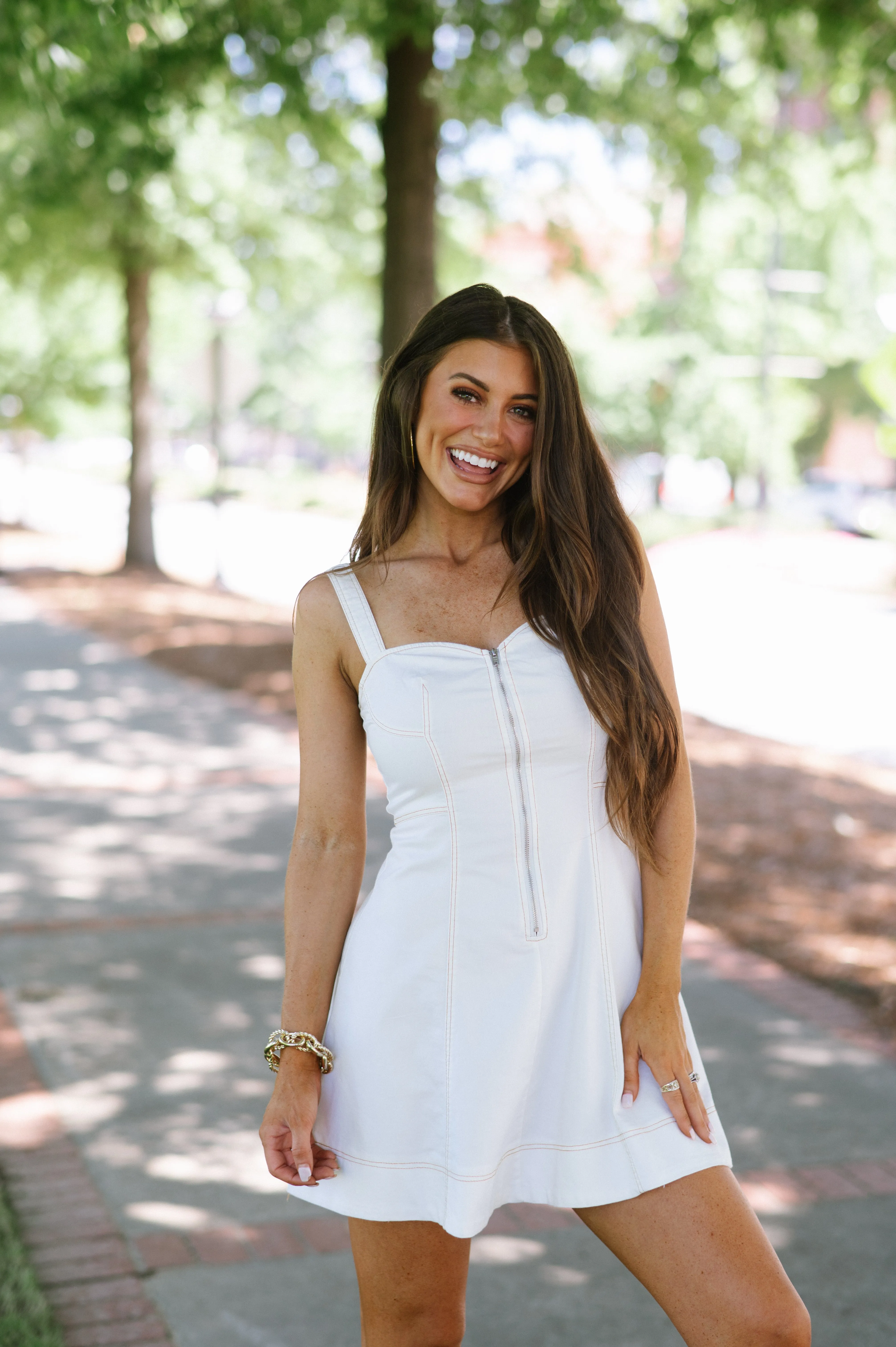 Denim Stitch Dress-White
