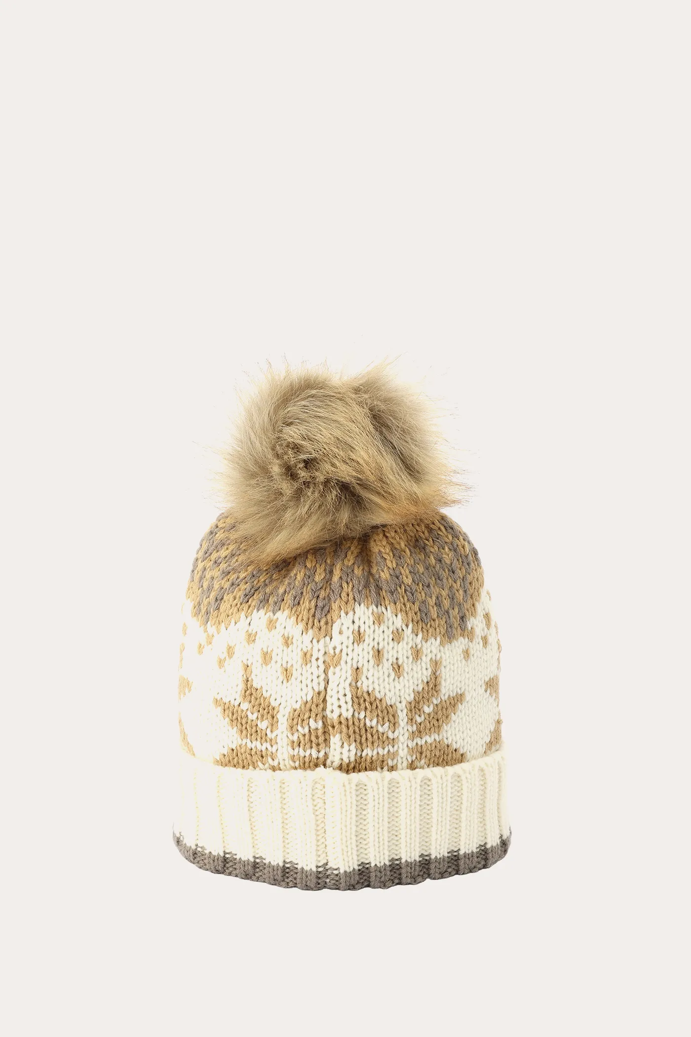 Fair Isle Beanie With Cuff & Faux Fur Pom