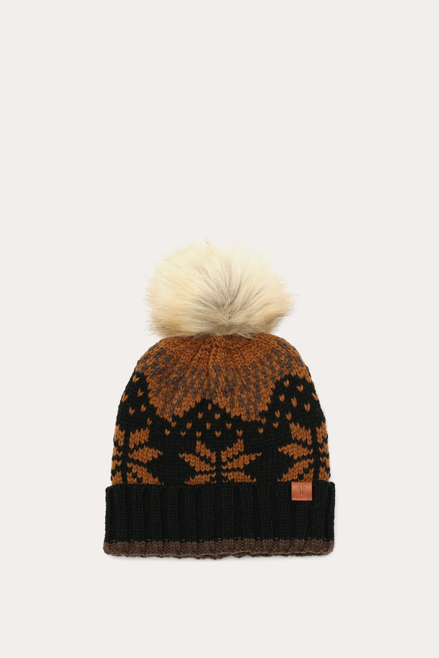 Fair Isle Beanie With Cuff & Faux Fur Pom