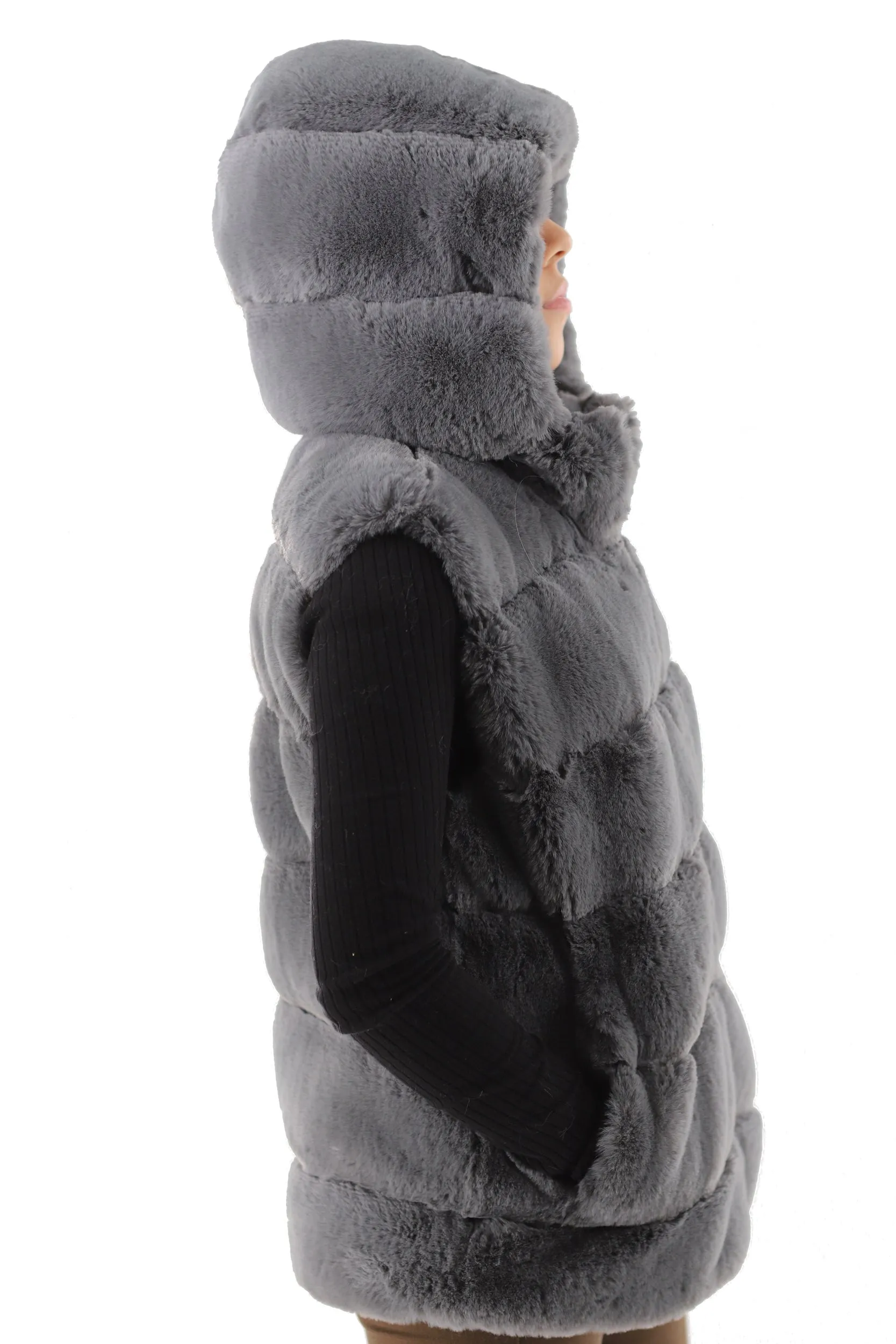 FAUX FUR HOODED VEST- GREY