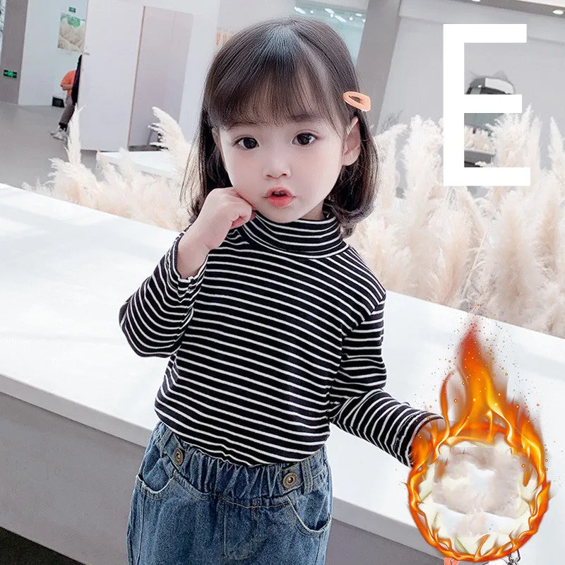 Girls' Striped Bottoming Shirt Children's High-necked Plus Velvet Padded Top