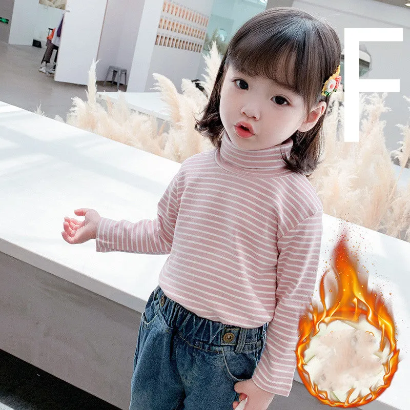 Girls' Striped Bottoming Shirt Children's High-necked Plus Velvet Padded Top