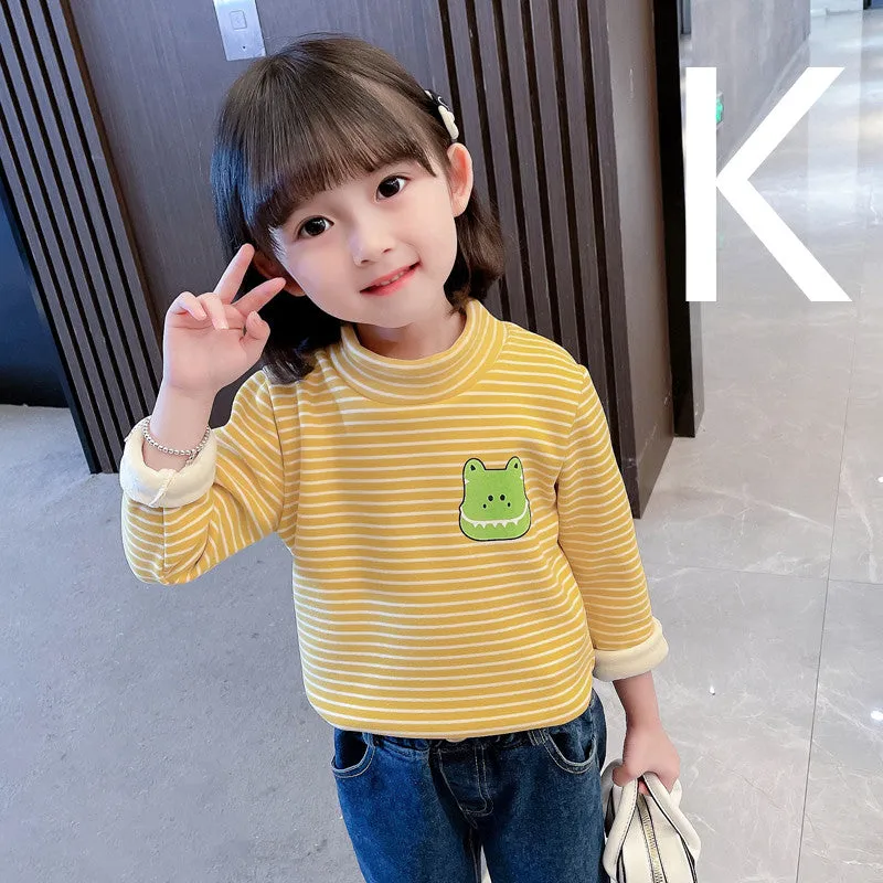 Girls' Striped Bottoming Shirt Children's High-necked Plus Velvet Padded Top
