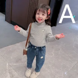 Girls' Striped Bottoming Shirt Children's High-necked Plus Velvet Padded Top