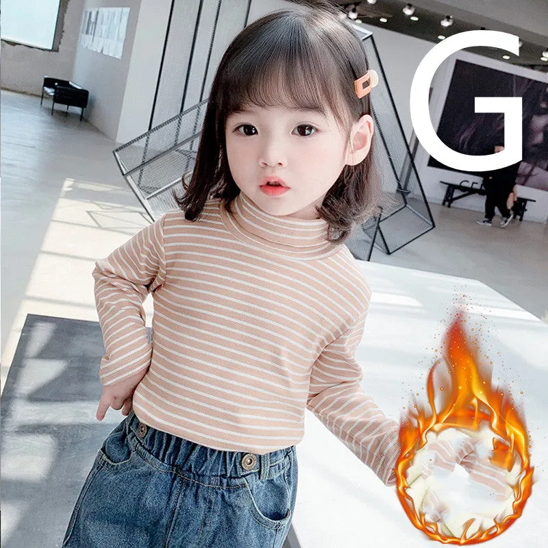 Girls' Striped Bottoming Shirt Children's High-necked Plus Velvet Padded Top