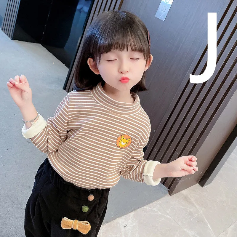 Girls' Striped Bottoming Shirt Children's High-necked Plus Velvet Padded Top
