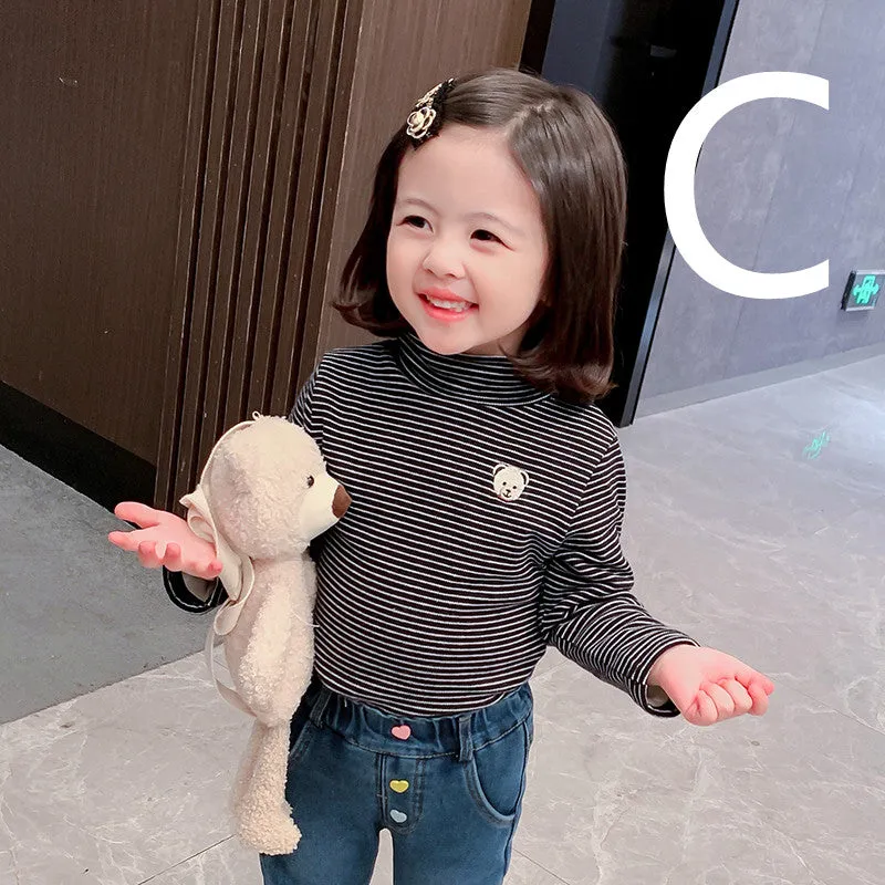 Girls' Striped Bottoming Shirt Children's High-necked Plus Velvet Padded Top
