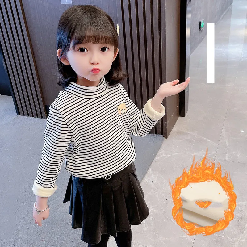 Girls' Striped Bottoming Shirt Children's High-necked Plus Velvet Padded Top