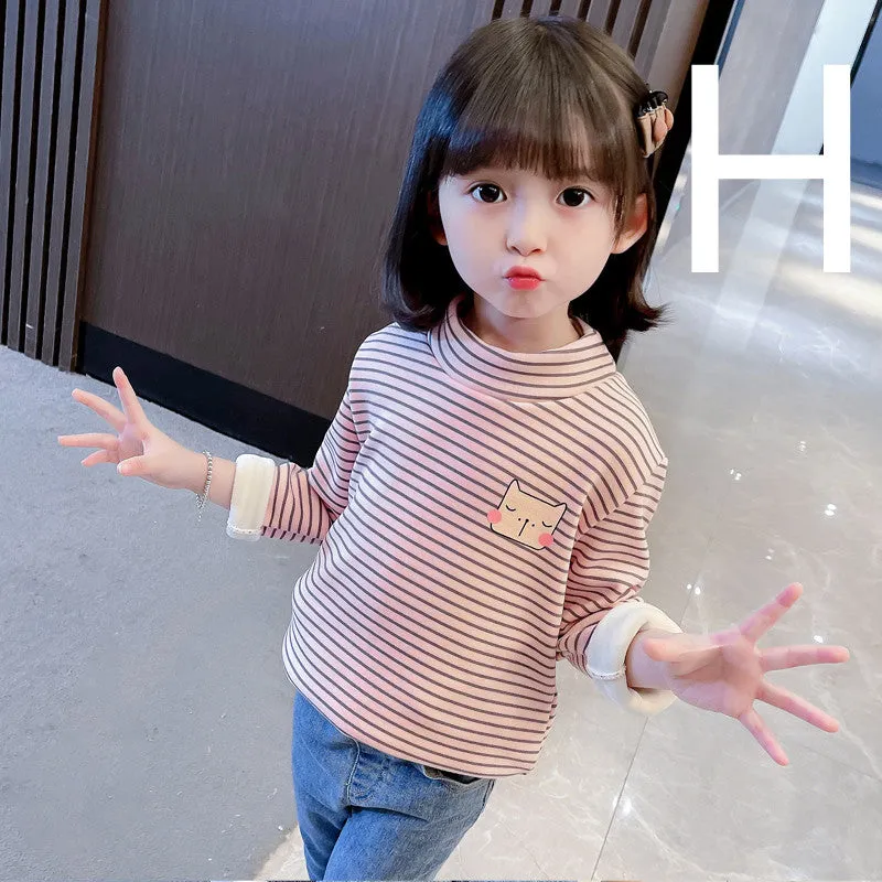 Girls' Striped Bottoming Shirt Children's High-necked Plus Velvet Padded Top