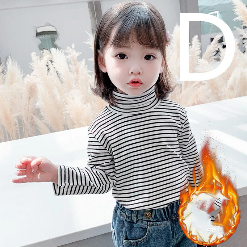 Girls' Striped Bottoming Shirt Children's High-necked Plus Velvet Padded Top