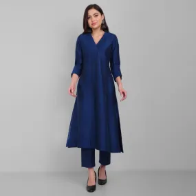 Ink Blue A line textured Cotton Silk Kurta and Pant Set