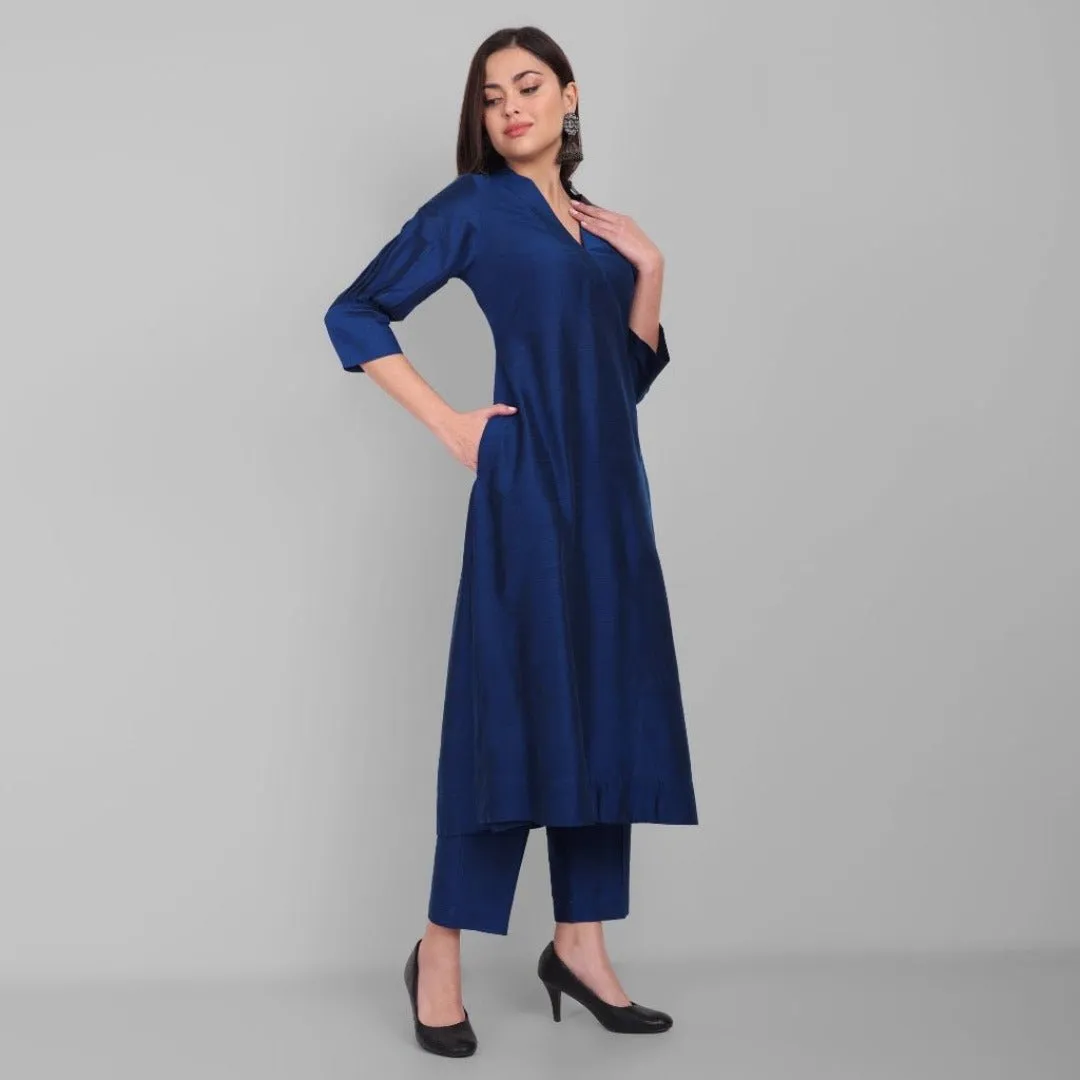 Ink Blue A line textured Cotton Silk Kurta and Pant Set