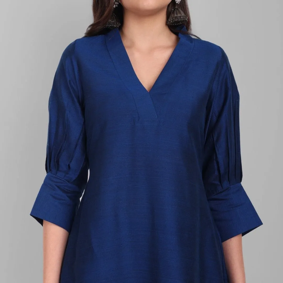 Ink Blue A line textured Cotton Silk Kurta and Pant Set